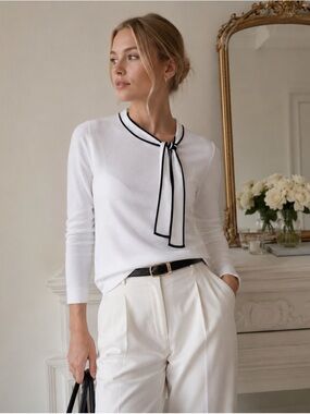 J.Crew NWT White Black Trim Tie Neck Cotton Sweater XS Preppy Parisian